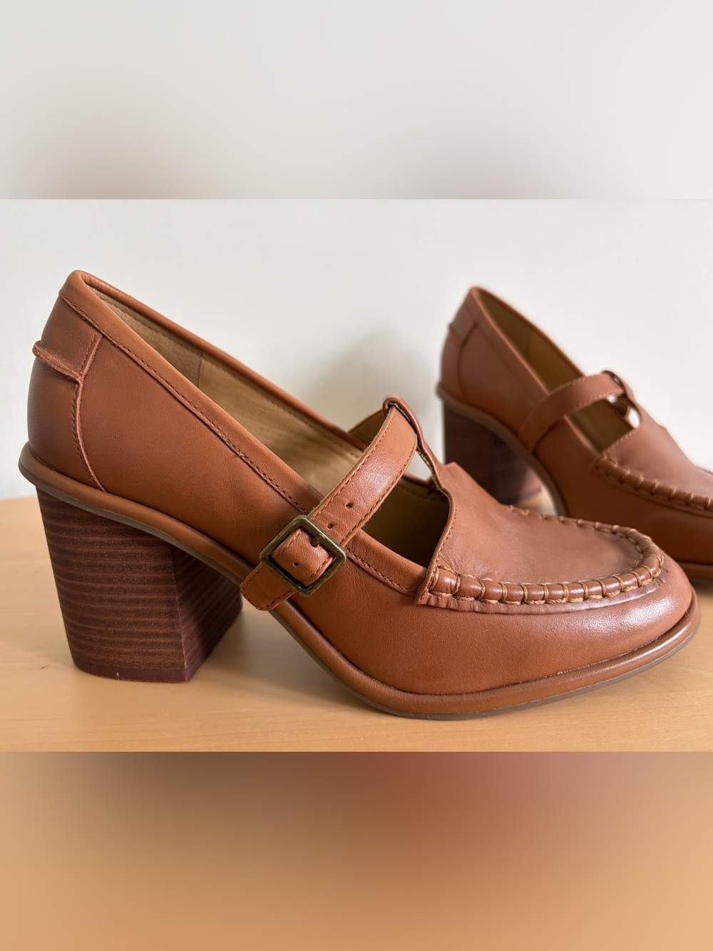 Women's Tan Leather Mary Jane Block Heel Shoes